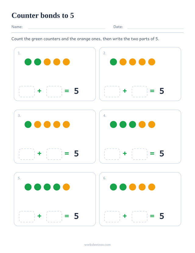 Number bonds to 5 worksheet with two coloured counters, six groups to split into parts and write down