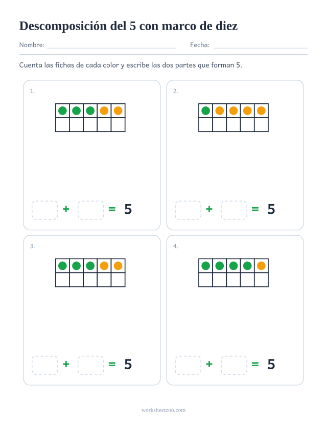 Ficha de descomposición del 5 con marcos de diez, cuatro marcos de fichas de dos colores y las dos partes