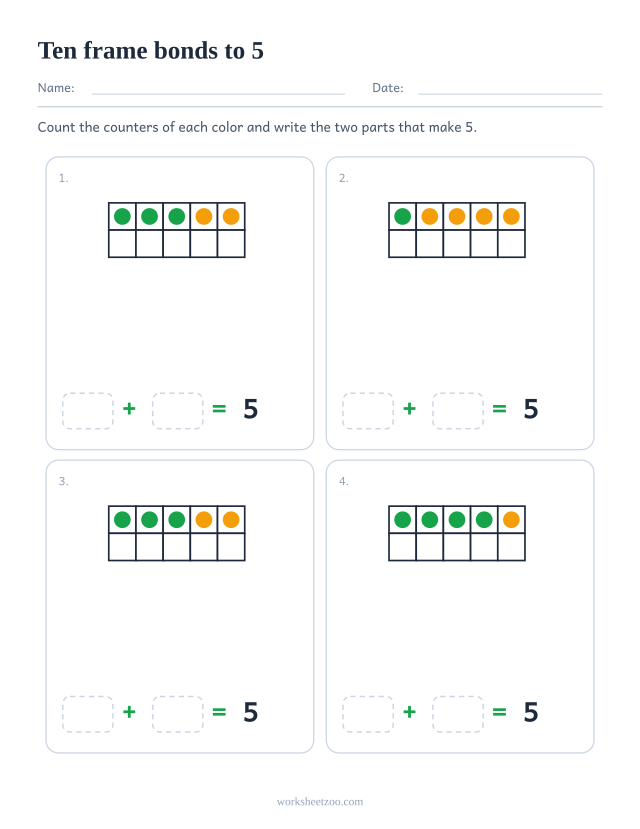 Ten frame number bonds worksheet for 5, four frames of two coloured counters with both parts to write