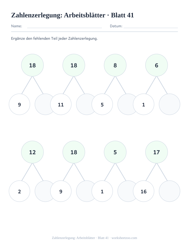 Vorschau: Zahlenzerlegung: Arbeitsblätter, druckbares Arbeitsblatt 41