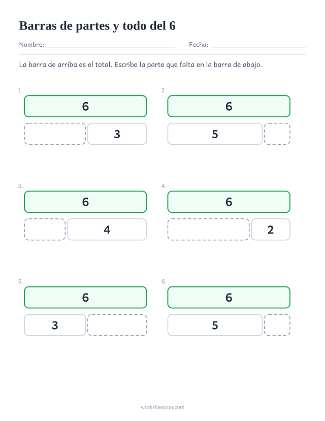 Ficha de barras de partes y todo del 6, seis barras partidas en dos con una parte que falta