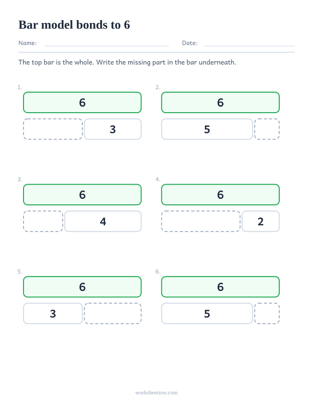 Part part whole bar model worksheet for 6, six bars split in two with one part missing