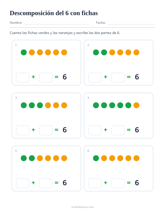Ficha de descomposición del 6 con fichas de dos colores, seis grupos para separar en partes y escribirlas