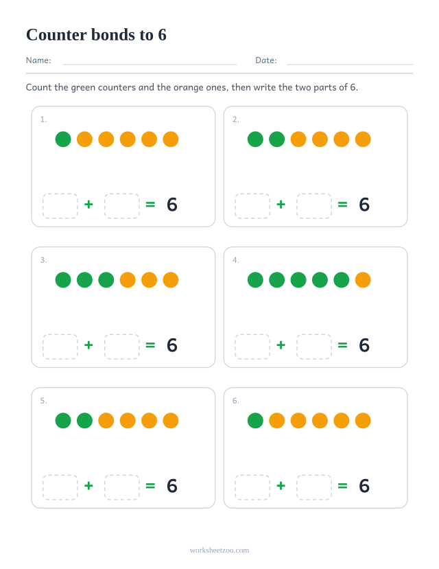 Number bonds to 6 worksheet with two coloured counters, six groups to split into parts and write down