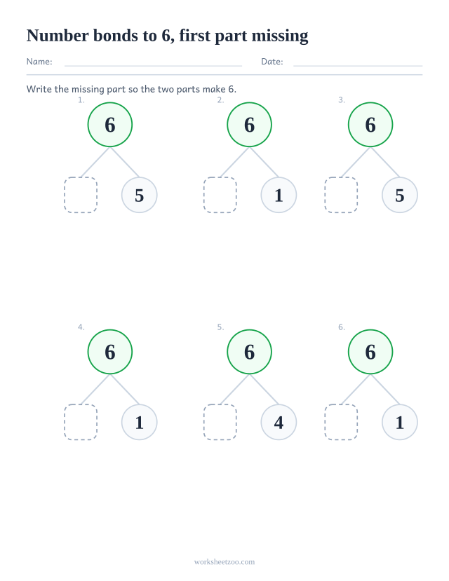 Number bonds to 6 worksheet with the first part blank, six bond trees where the known part is on the right