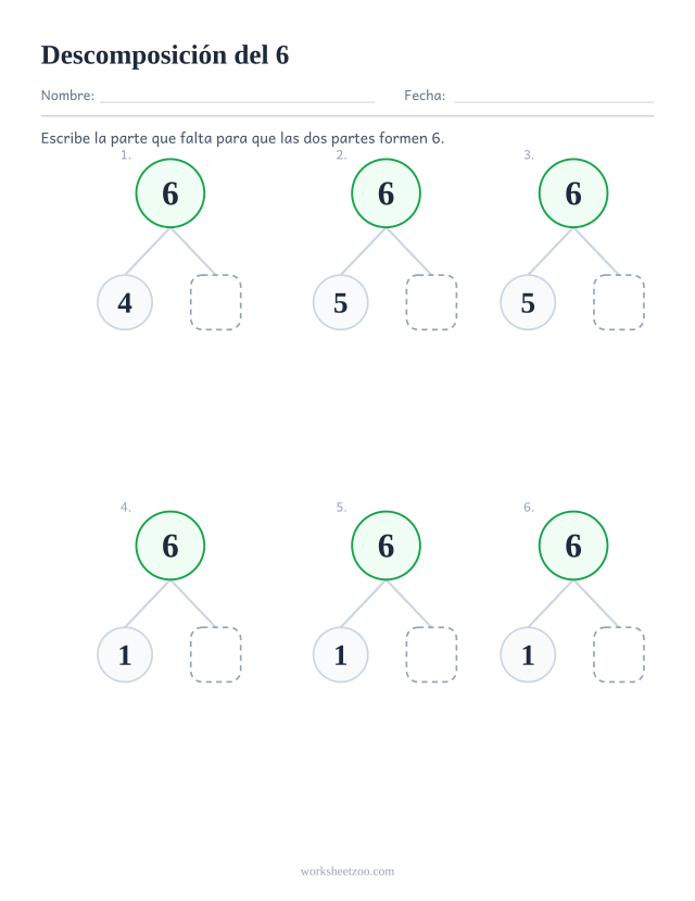 Ficha de descomposición del 6, seis árboles de partes y todo con la segunda parte en blanco