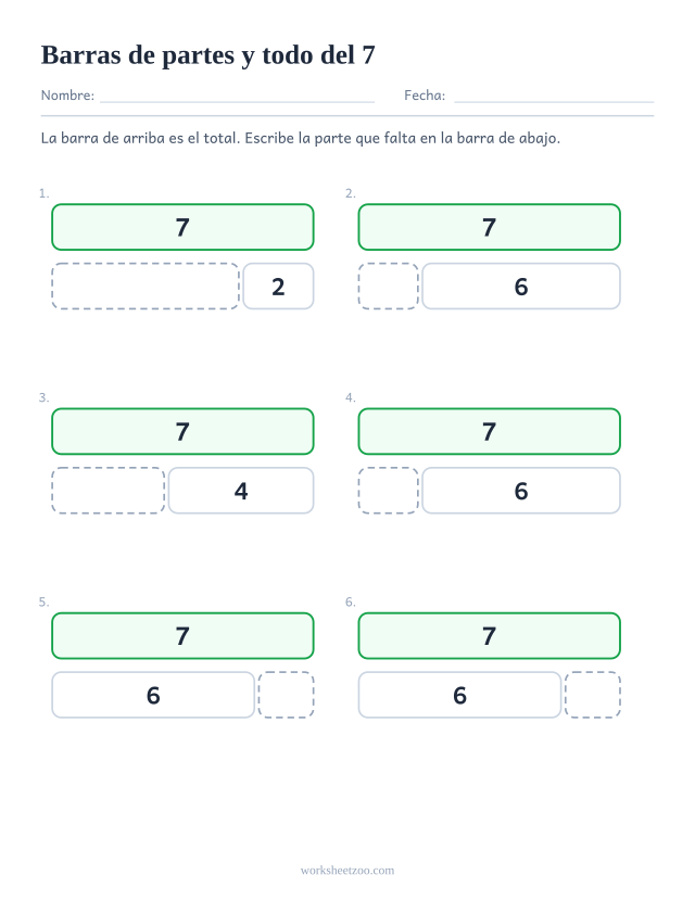 Ficha de barras de partes y todo del 7, seis barras partidas en dos con una parte que falta
