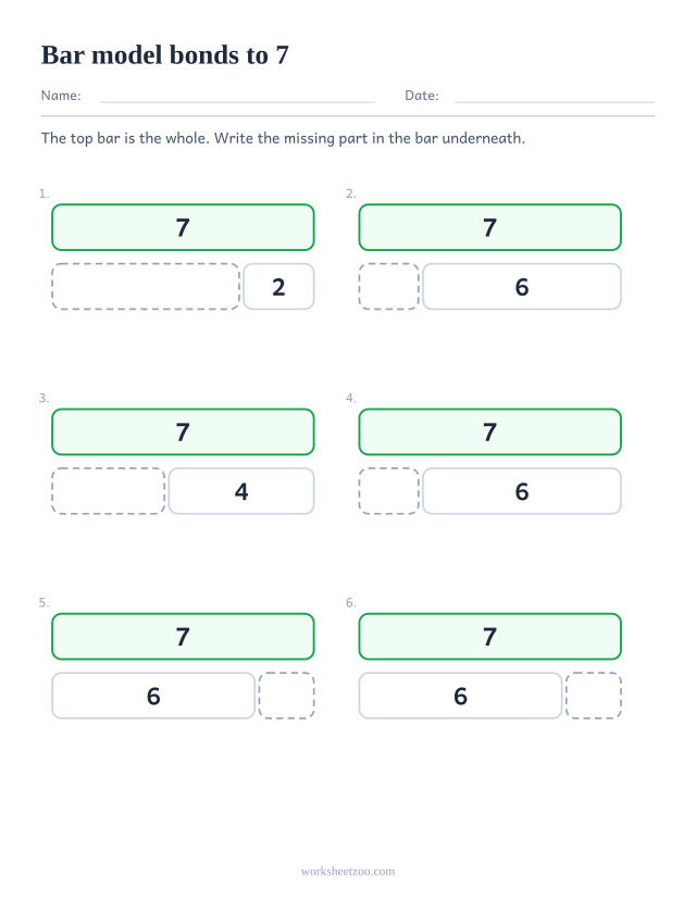 Part part whole bar model worksheet for 7, six bars split in two with one part missing