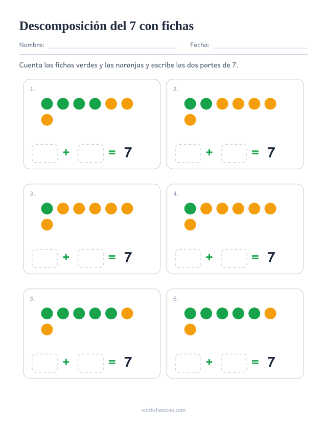 Ficha de descomposición del 7 con fichas de dos colores, seis grupos para separar en partes y escribirlas