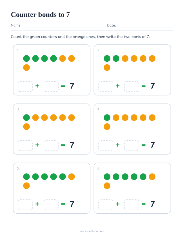 Number bonds to 7 worksheet with two coloured counters, six groups to split into parts and write down