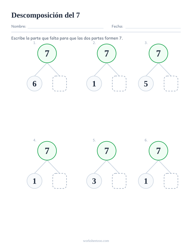 Ficha de descomposición del 7, seis árboles de partes y todo con la segunda parte en blanco