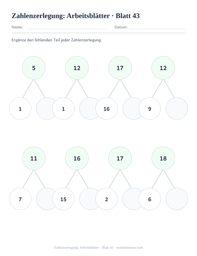 Vorschau: Zahlenzerlegung: Arbeitsblätter, druckbares Arbeitsblatt 43
