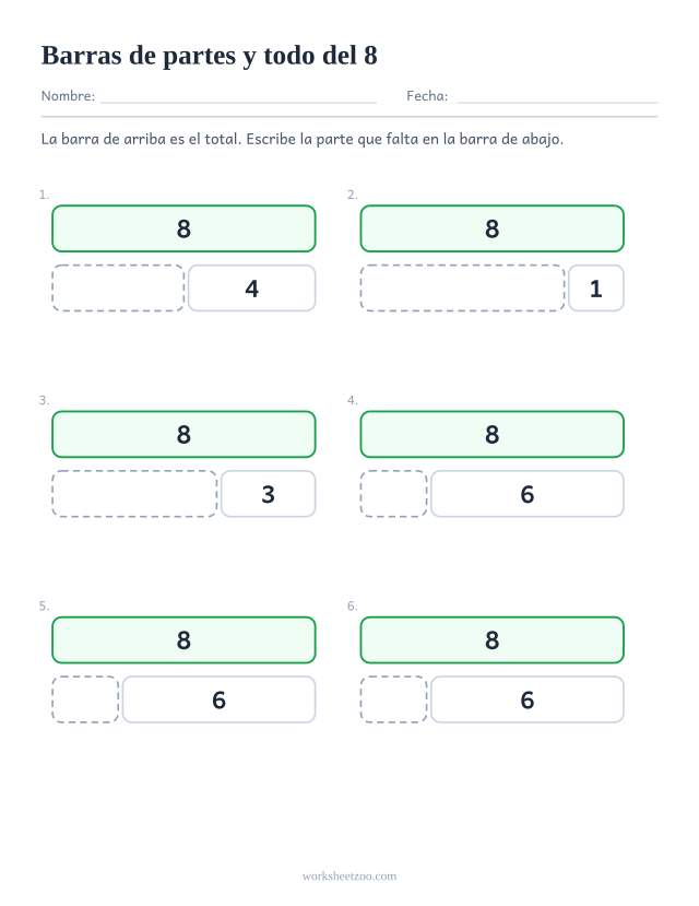 Ficha de barras de partes y todo del 8, seis barras partidas en dos con una parte que falta