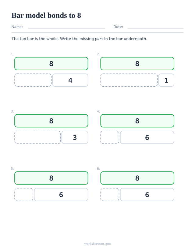 Part part whole bar model worksheet for 8, six bars split in two with one part missing