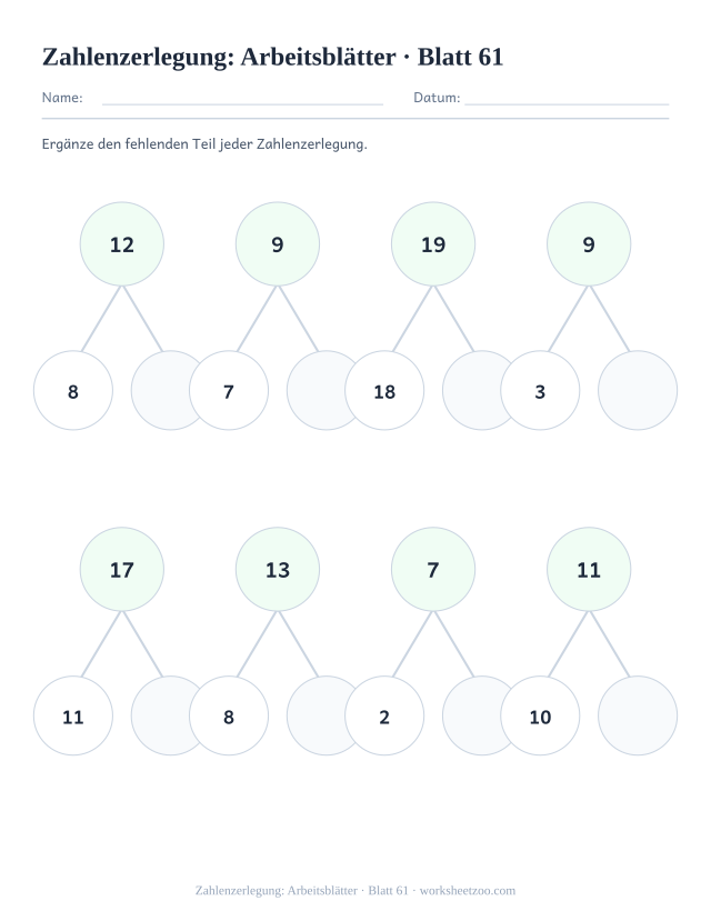 Vorschau: Zahlenzerlegung: Arbeitsblätter, druckbares Arbeitsblatt 61