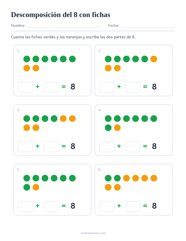 Ficha de descomposición del 8 con fichas de dos colores, seis grupos para separar en partes y escribirlas