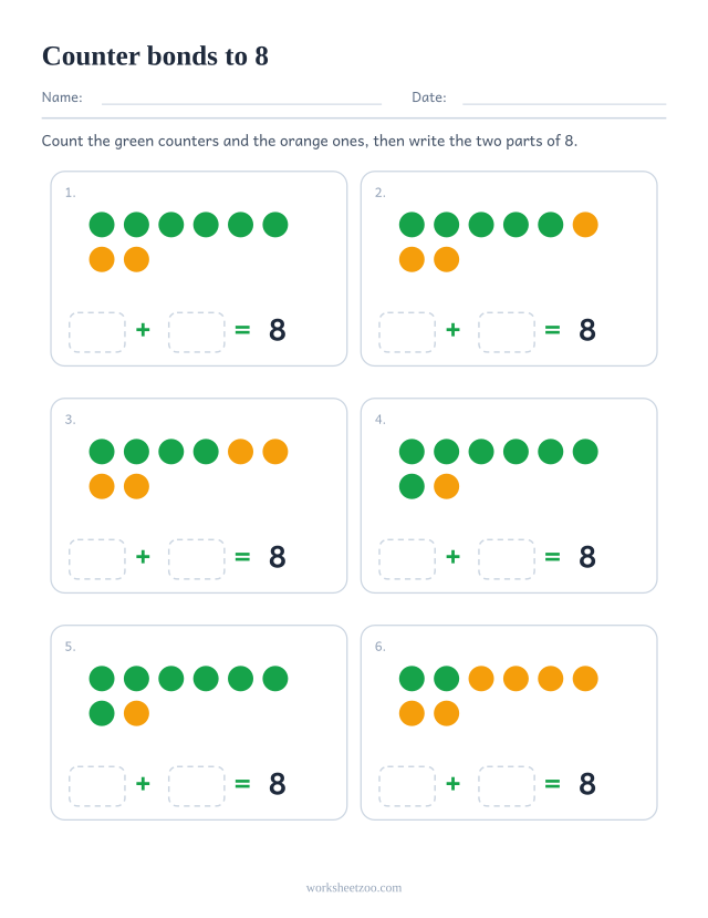 Number bonds to 8 worksheet with two coloured counters, six groups to split into parts and write down