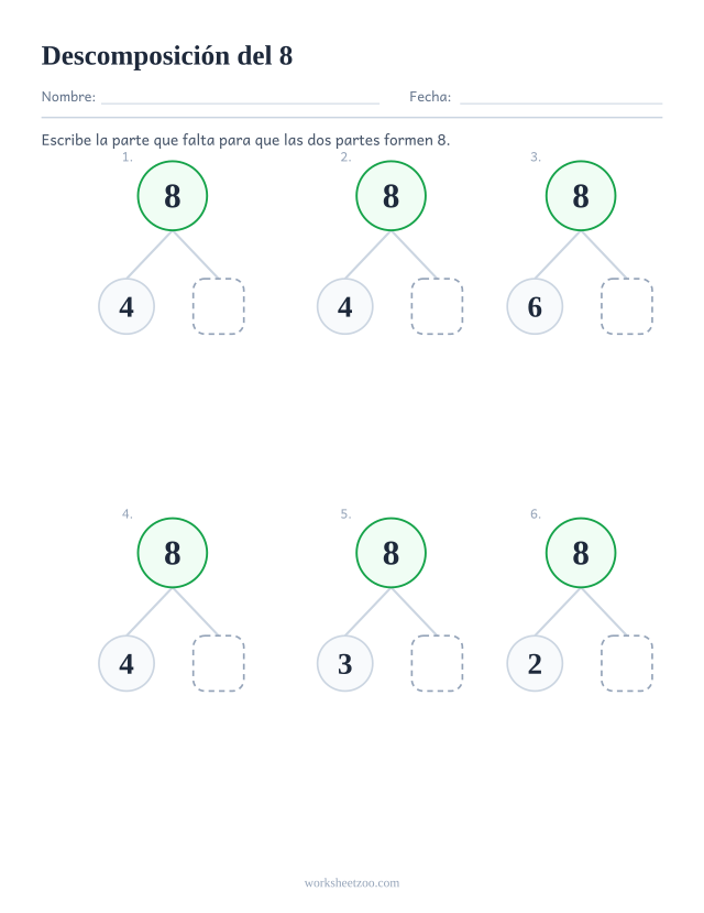 Ficha de descomposición del 8, seis árboles de partes y todo con la segunda parte en blanco