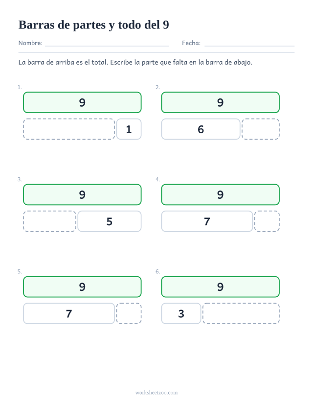 Ficha de barras de partes y todo del 9, seis barras partidas en dos con una parte que falta