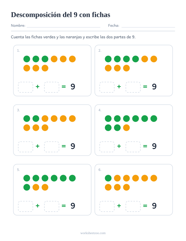 Ficha de descomposición del 9 con fichas de dos colores, seis grupos para separar en partes y escribirlas