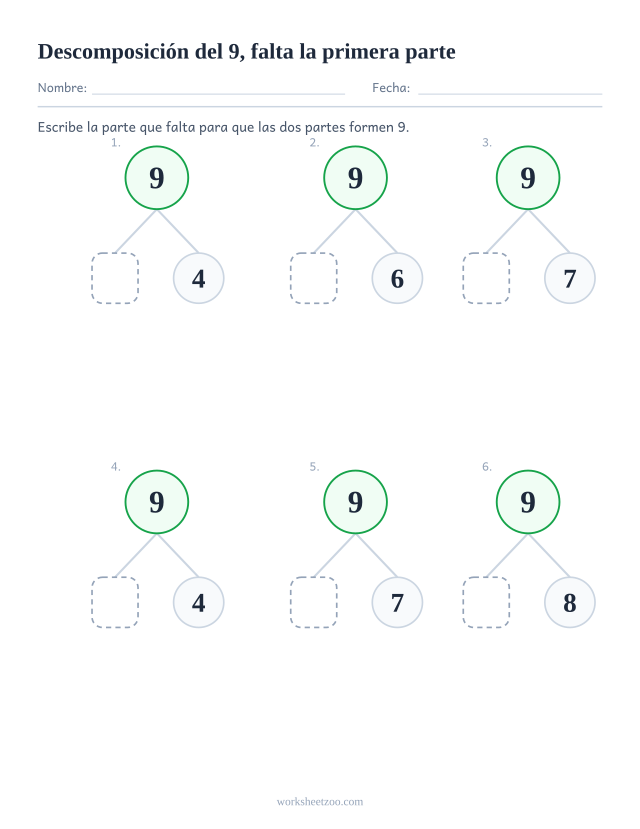 Ficha de descomposición del 9 con la primera parte en blanco, seis árboles con la parte conocida a la derecha
