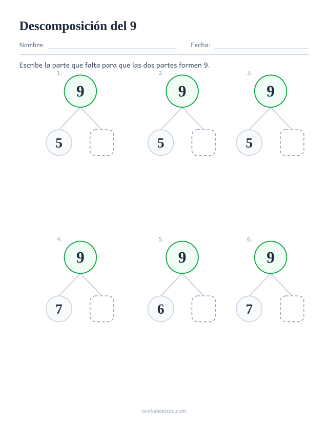 Ficha de descomposición del 9, seis árboles de partes y todo con la segunda parte en blanco