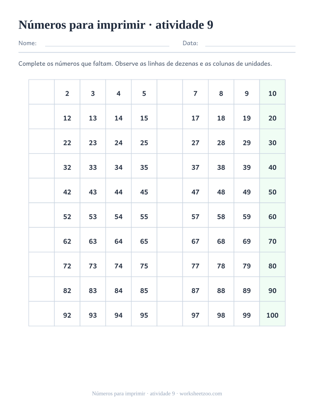 Prévia de Números para imprimir, atividade 9 para imprimir