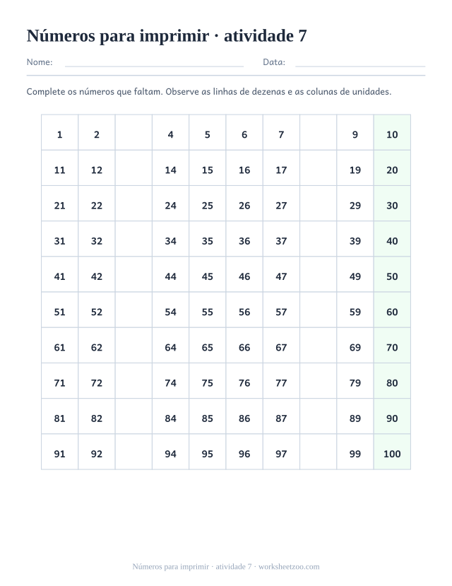 Prévia de Números para imprimir, atividade 7 para imprimir