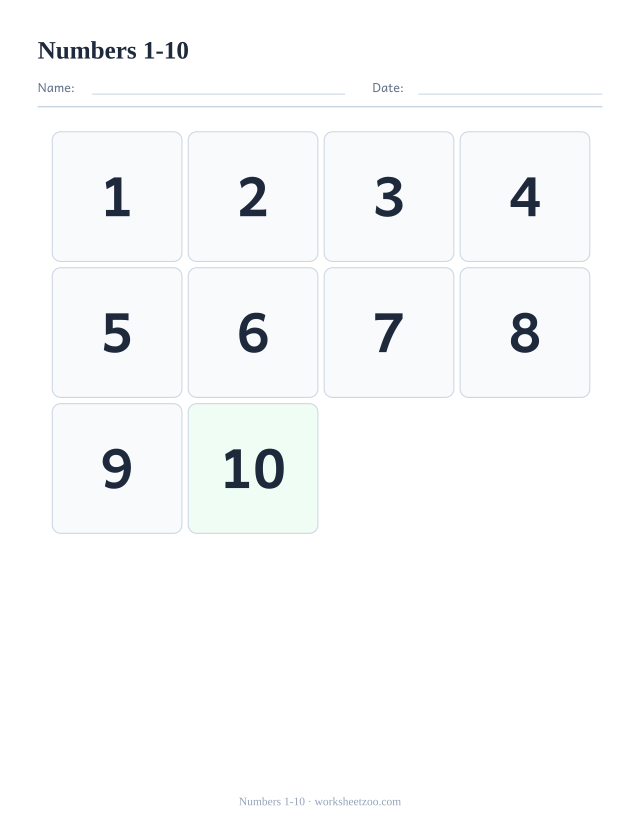 Number chart from 1 to 10 in ten large cells, the first counting poster