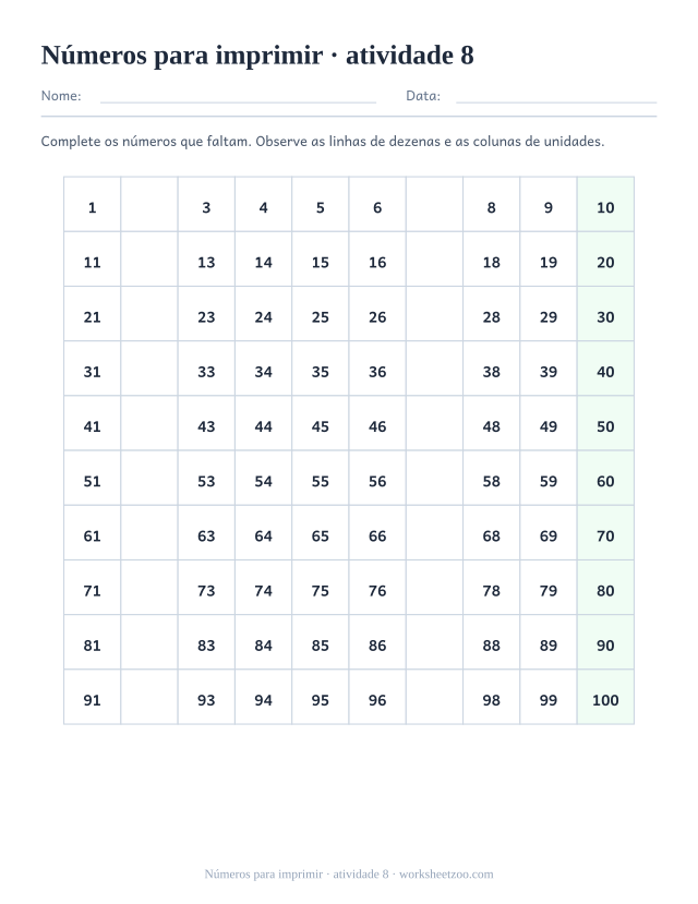 Prévia de Números para imprimir, atividade 8 para imprimir