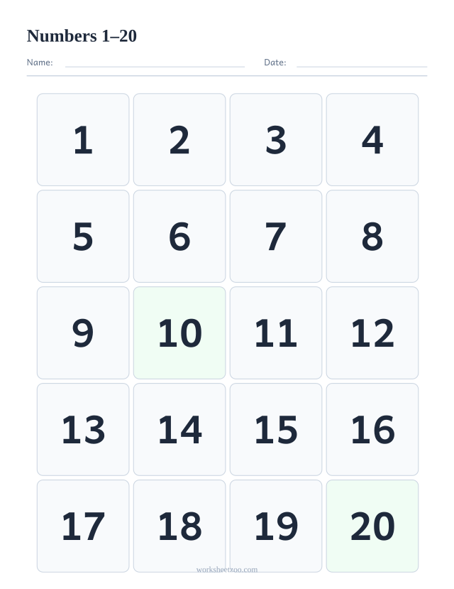 Number chart from 1 to 20 in large format for beginners