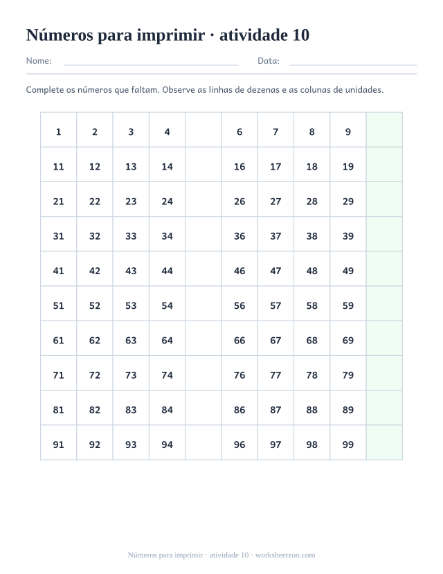 Prévia de Números para imprimir, atividade 10 para imprimir