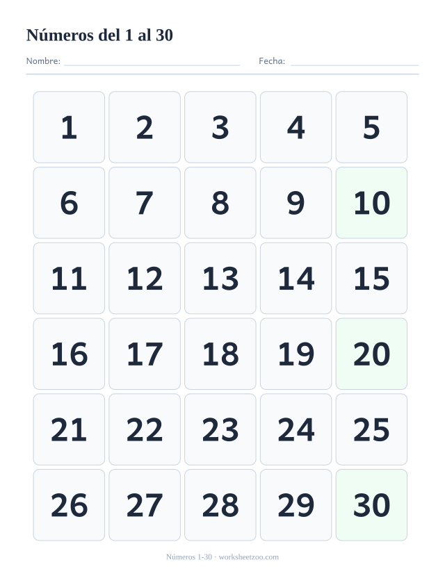 Tabla de números del 1 al 30 en celdas grandes para el conteo inicial