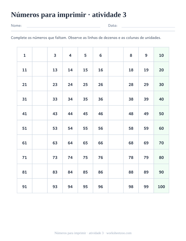 Prévia de Números para imprimir, atividade 3 para imprimir