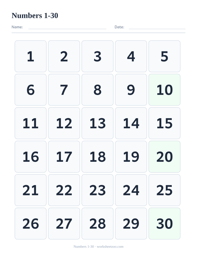 Number chart from 1 to 30 in large cells for early counting