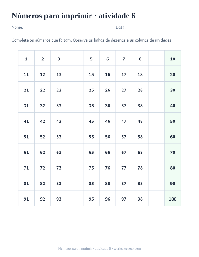 Prévia de Números para imprimir, atividade 6 para imprimir