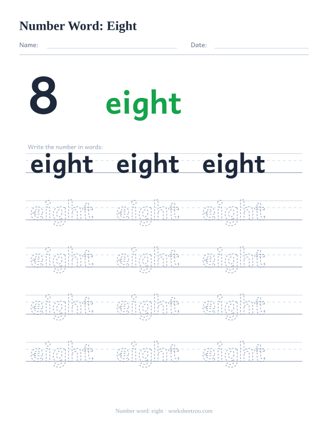 Number word tracing worksheet for eight, the digit 8 beside the word with five rows of handwriting practice