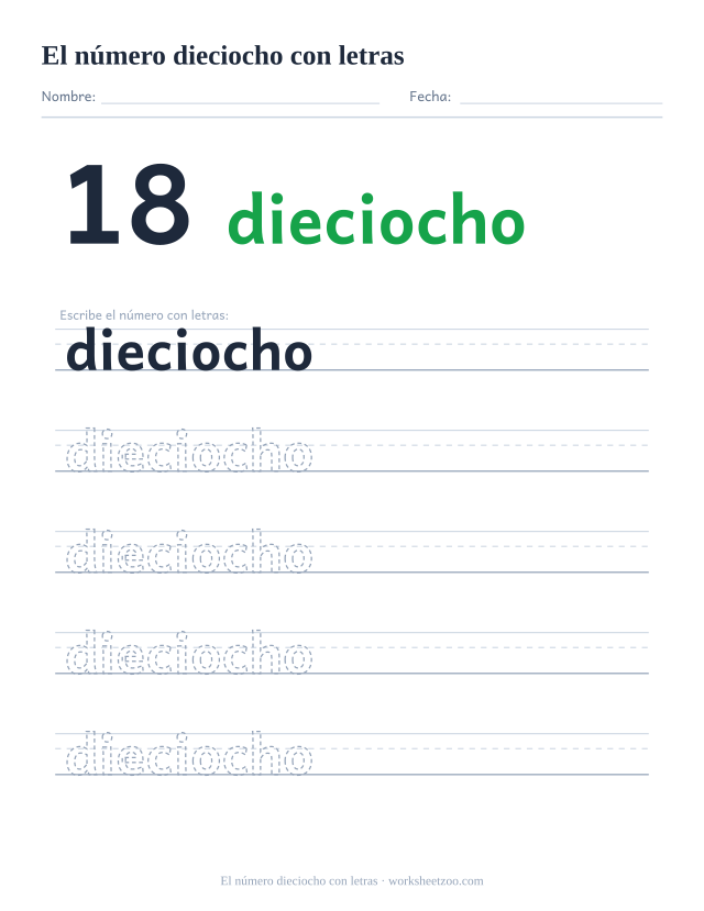 Ficha para trazar la palabra dieciocho, con la cifra 18 al lado y cinco renglones de práctica