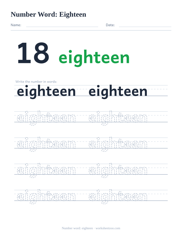 Number word tracing worksheet for eighteen, the digit 18 beside the word with five rows of handwriting practice