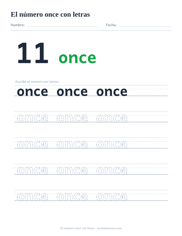 Ficha para trazar la palabra once, con la cifra 11 al lado y cinco renglones de práctica