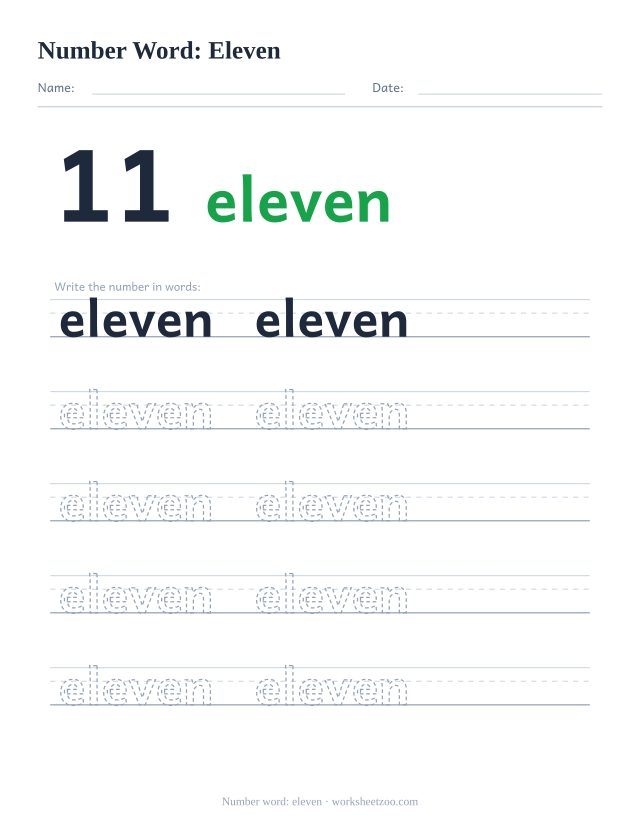 Number word tracing worksheet for eleven, the digit 11 beside the word with five rows of handwriting practice