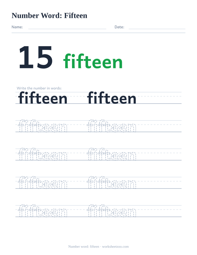 Number word tracing worksheet for fifteen, the digit 15 beside the word with five rows of handwriting practice