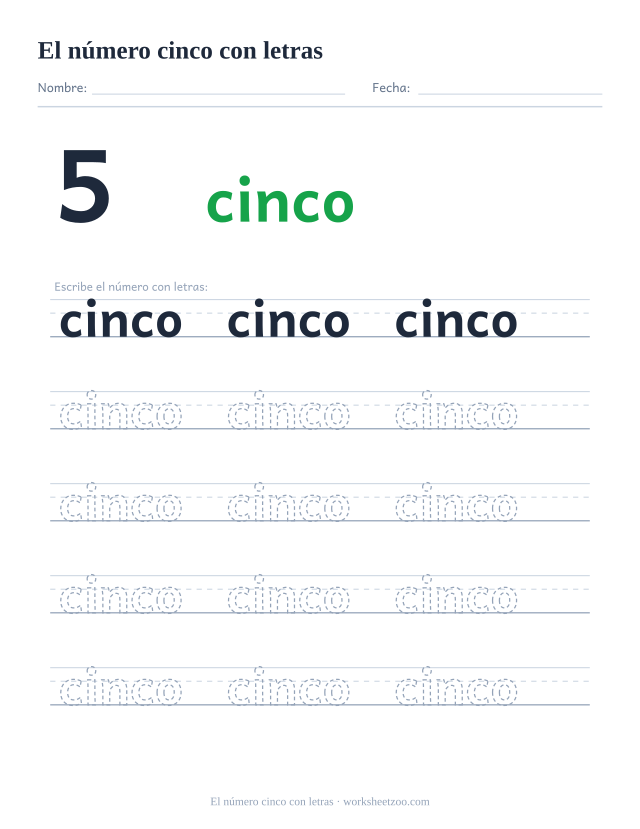 Ficha para trazar la palabra cinco, con la cifra 5 al lado y cinco renglones de práctica