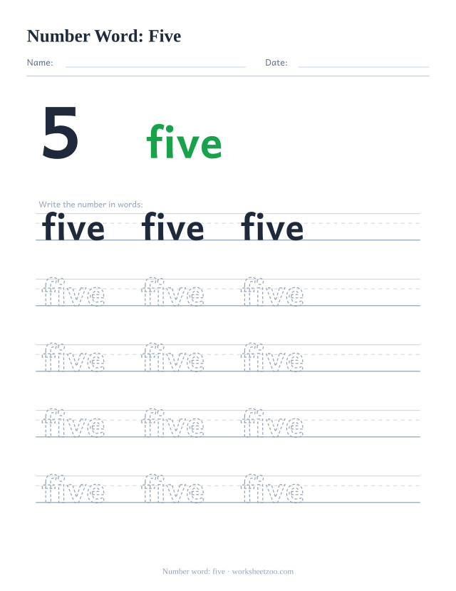 Number word tracing worksheet for five, the digit 5 beside the word with five rows of handwriting practice