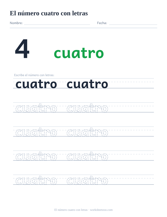 Ficha para trazar la palabra cuatro, con la cifra 4 al lado y cinco renglones de práctica