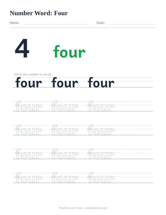 Number word tracing worksheet for four, the digit 4 beside the word with five rows of handwriting practice