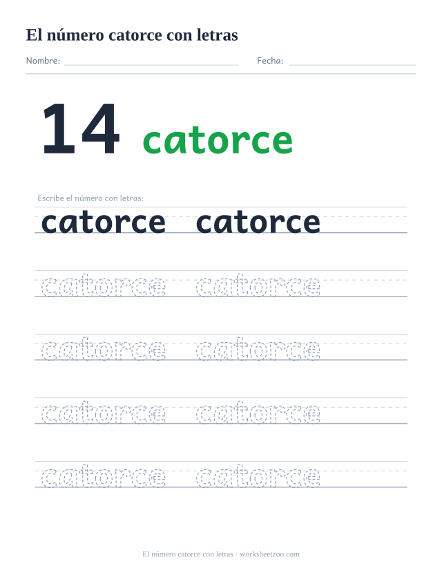 Ficha para trazar la palabra catorce, con la cifra 14 al lado y cinco renglones de práctica