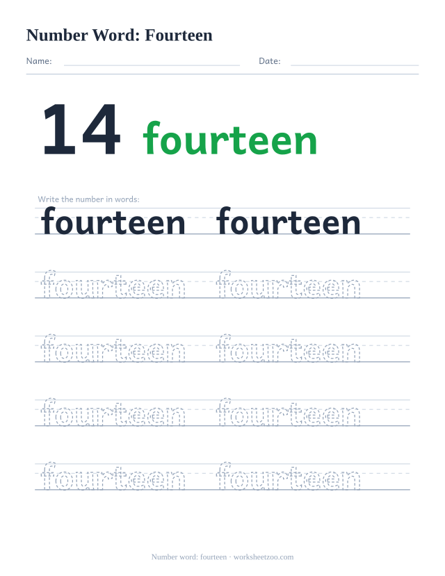 Number word tracing worksheet for fourteen, the digit 14 beside the word with five rows of handwriting practice