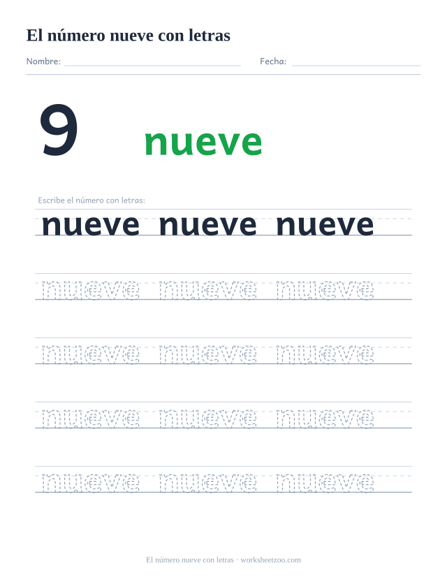 Ficha para trazar la palabra nueve, con la cifra 9 al lado y cinco renglones de práctica