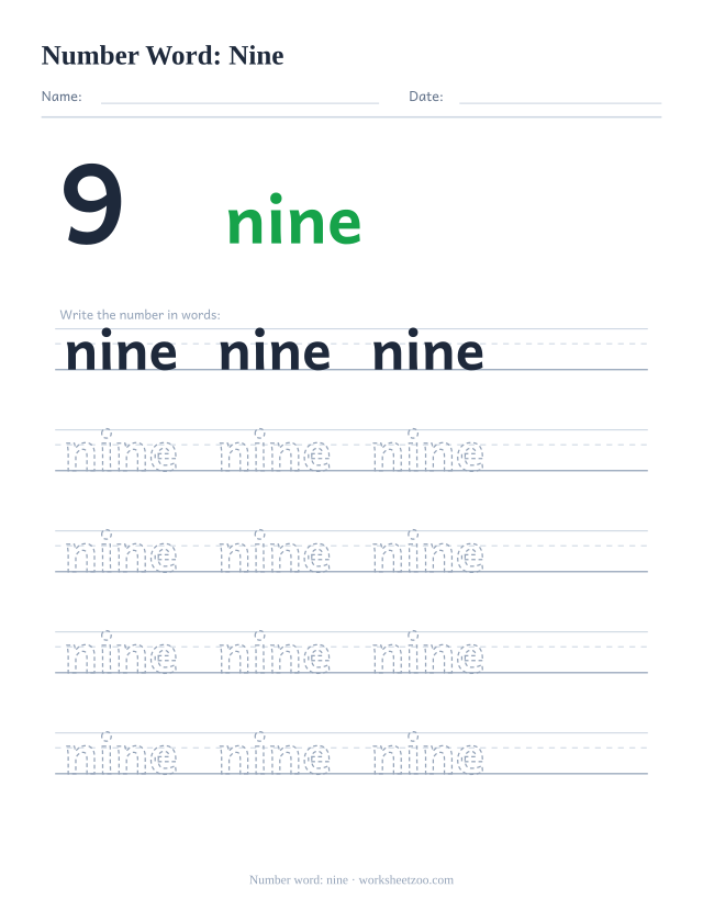 Number word tracing worksheet for nine, the digit 9 beside the word with five rows of handwriting practice